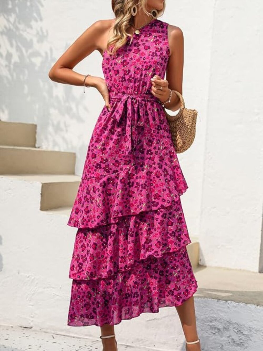 PRETTYGARDEN Women's Small Floral One Shoulder Tiered Ruffle Midi Boho 50% off